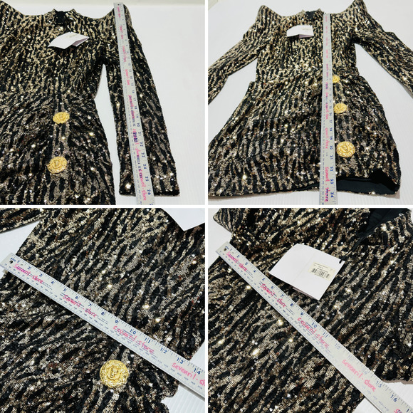 Balmain Strong-Shoulder Mini Dress 40/US 8 Gold Black Sequin Back Zip NWT $3650 - Picture 13 of 14